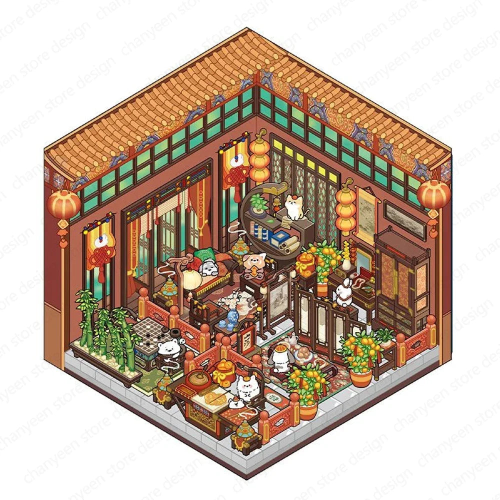 Cartoon 3D Chinatown Landscape Sticker Theater Pharmacy Restaurant DIY Pocket Cabin Scene Stickers Gift for Kid Child