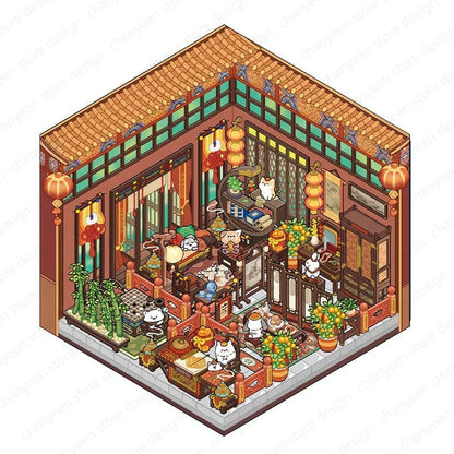 Cartoon 3D Chinatown Landscape Sticker Theater Pharmacy Restaurant DIY Pocket Cabin Scene Stickers Gift for Kid Child