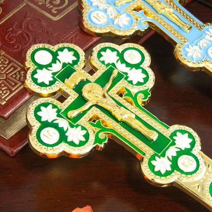 Orthodox Church Handle Blessing Church Cross Gold Plated Colorful Enamel Jesus Crucifix icon Cross With INRI For Prayer