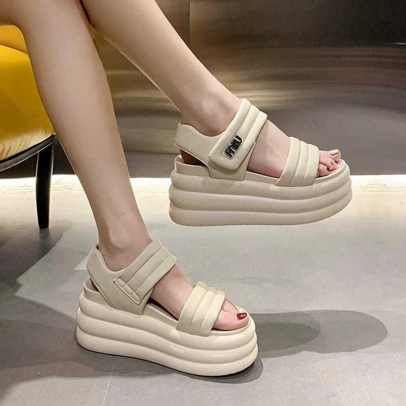 2025 Summer Women Chunky Sandals Leather High Platform Trainers Breathable Casual Slippers Shoes Woman 8.5CM Heels Wedge Sneaker