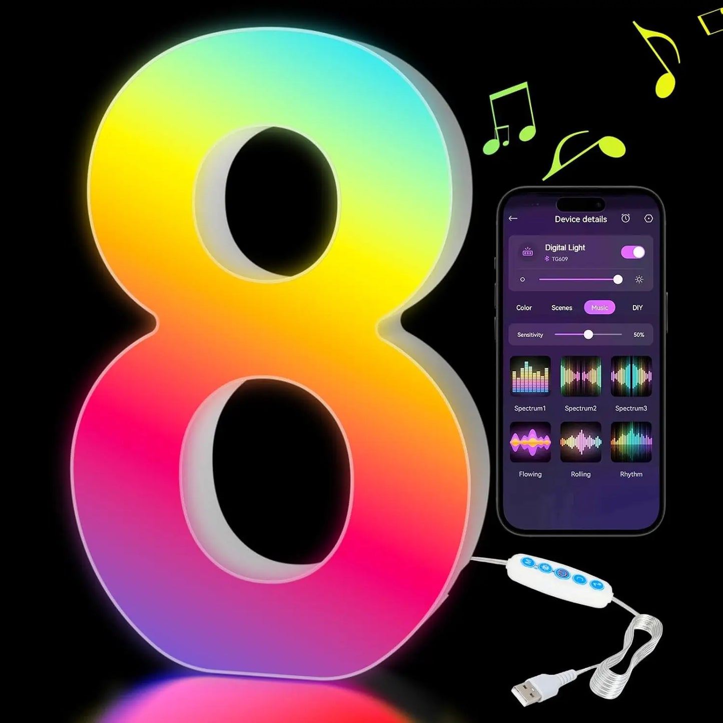 Smart LED Letters Lights Alphabet Light Decorative Name Letter Number Lamp Night Light USB MeRGBW App Music Sync Logo Game Home