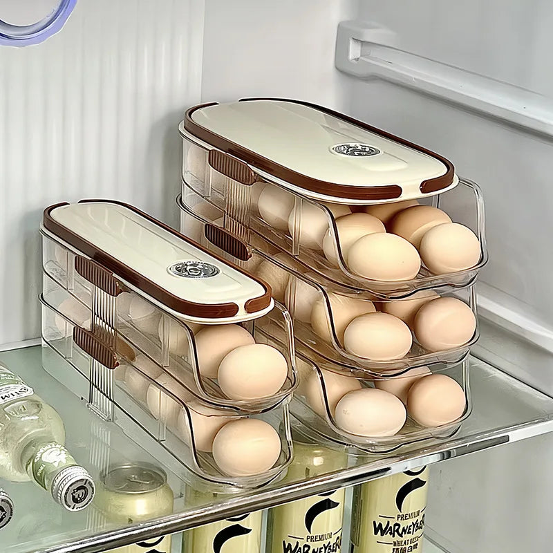 Smart Egg Storage Box - Slide-Out Drawer & Gravity Roller Design with Hidden Handle, Stackable Fridge Organizer for Side Door