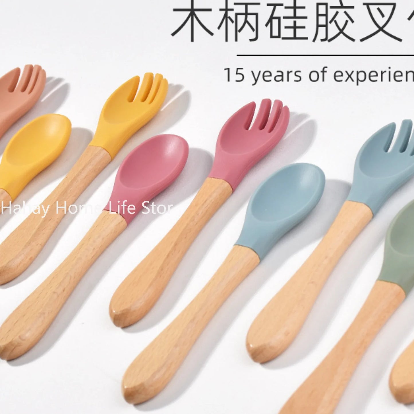 Baby Silicone Feeding Set with Wooden Handle Soft Training Spoon and Fork for Kids
