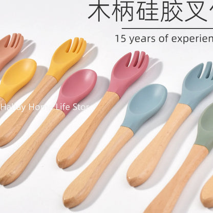 Baby Silicone Feeding Set with Wooden Handle Soft Training Spoon and Fork for Kids
