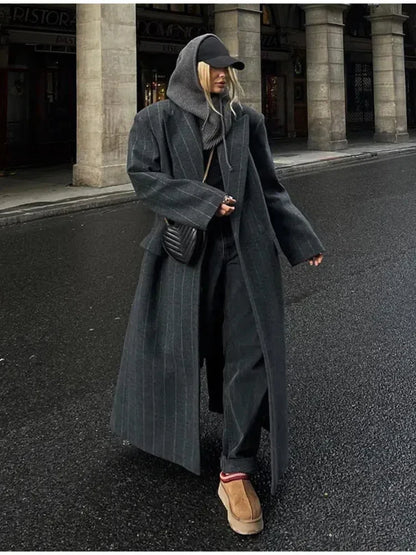 Retro Striped Lapel Woolen Long Coat Women Casual Loose Dark Grey Oversize Coats Female Winter Elegant Chic Outwear