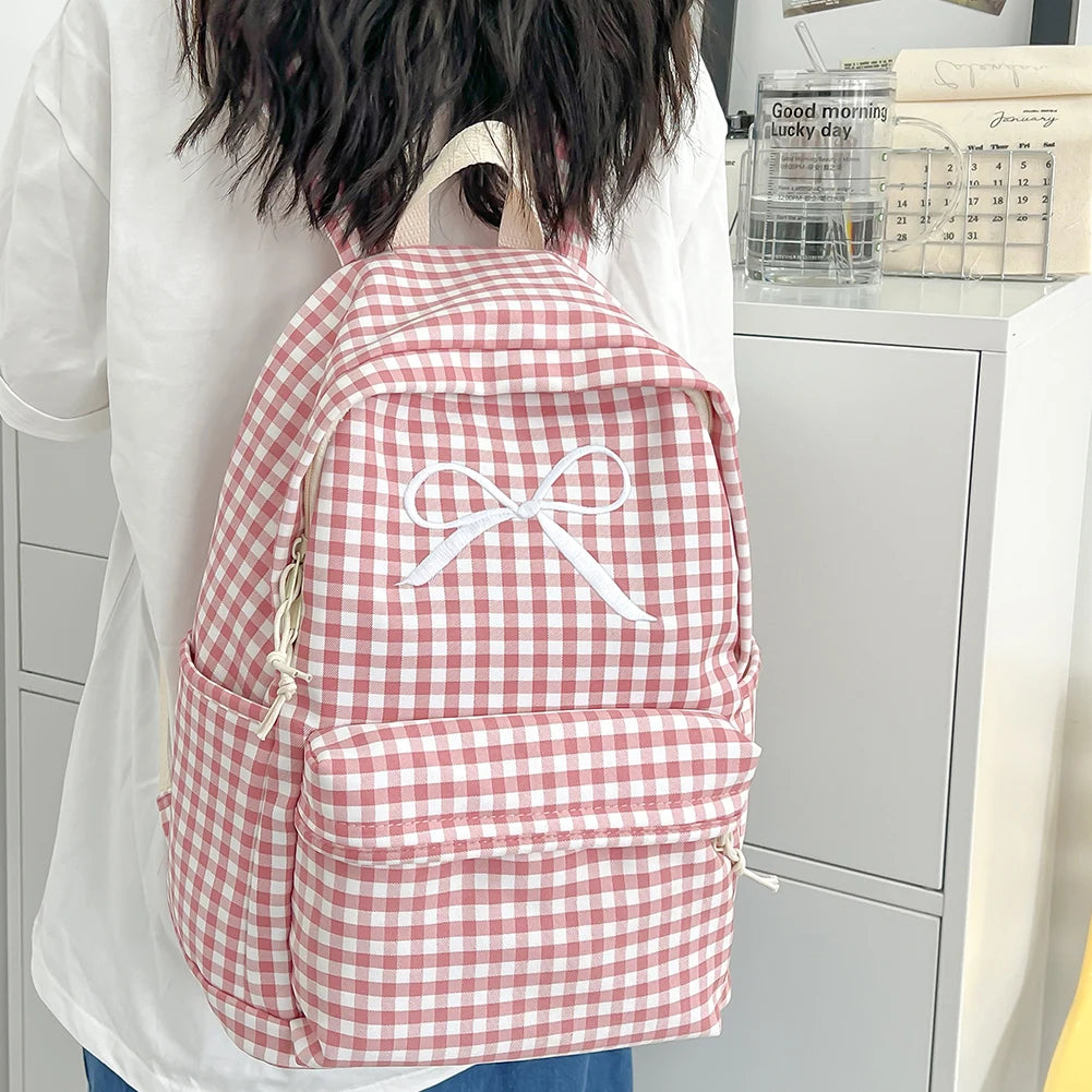 Cute Bowknot Plaid School Backpack Lightweight School Bag Nylon Student Rucksack for Girls Women High School College Work