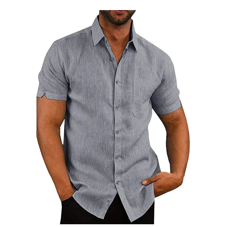 Men Pocket Blouse Tops Summer Male Turn Down Collar Button Short Sleeve Slim Solid Color Blouse Shirts YYCFS-19505