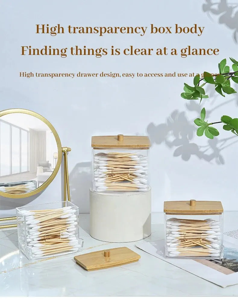 1set Transparent Acrylic Wood Cover Cotton Swab Box With 500 Cotton Swabs Cosmetic Cotton Storage Box