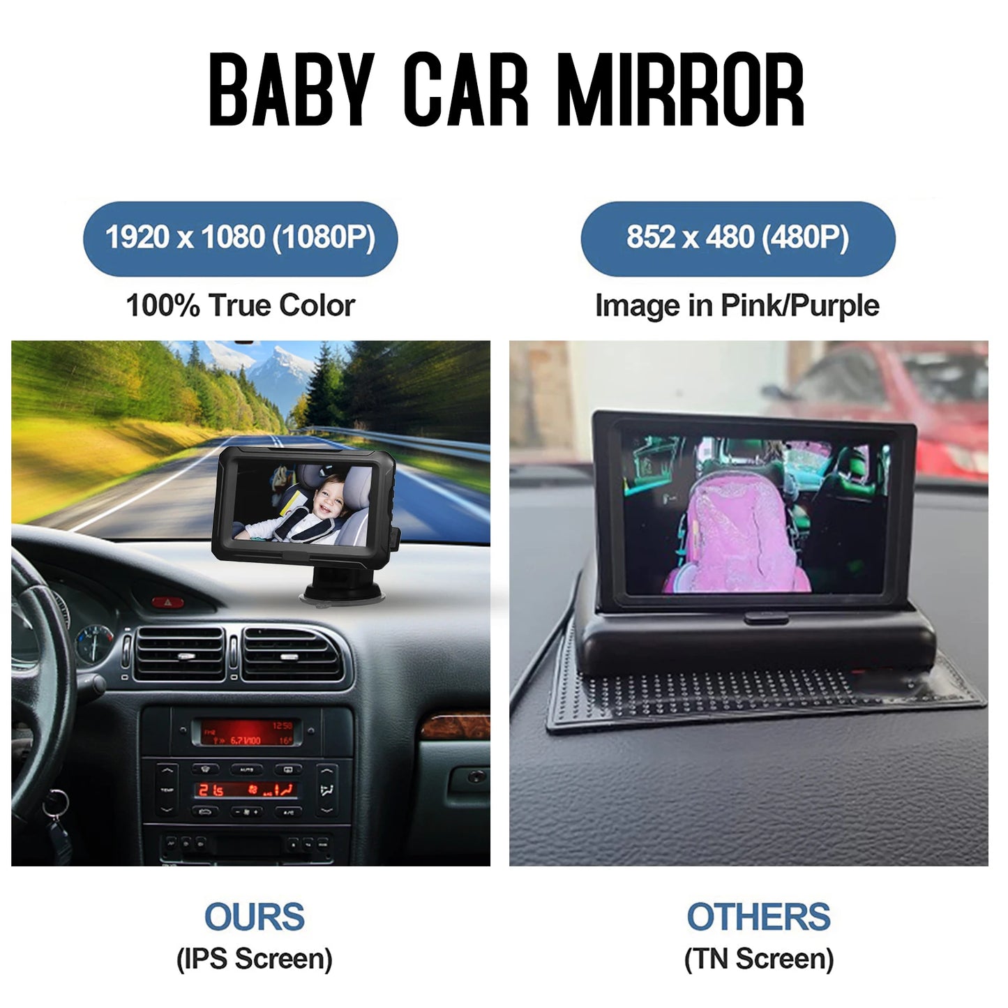 Rear View Monitor 4.3'' IPS Screen Baby Car Mirror Adjustable Wide View Angle for Infants Kids Pets Night Vision Function