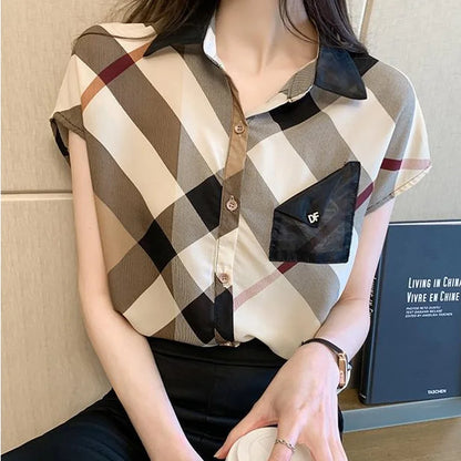 Office Wear Short Sleeve Chiffon Casual Pretty and Cheap Women's Blouses Korean Plaid Youth Woman Buttoned Shirts Trends Top Hot