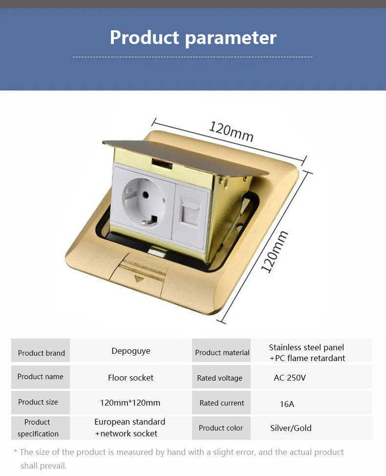 European standard hidden pop-up computer floor socket 120*120mm Gold Stainless Steel Kitchen Bedroom waterproof USB outlet plug