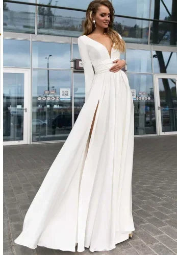 European American Wedding Dresses Wheat Dress Sexy Deep V Long Sleeved Sequined Dress Woman Party Solid Dress Maxi Floor Gowns