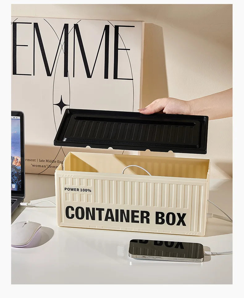 Cable Management Box - Multi-Function Power Strip Organizer with Side Cable Holes, Phone Stand & Storage Lid for Desk/Office