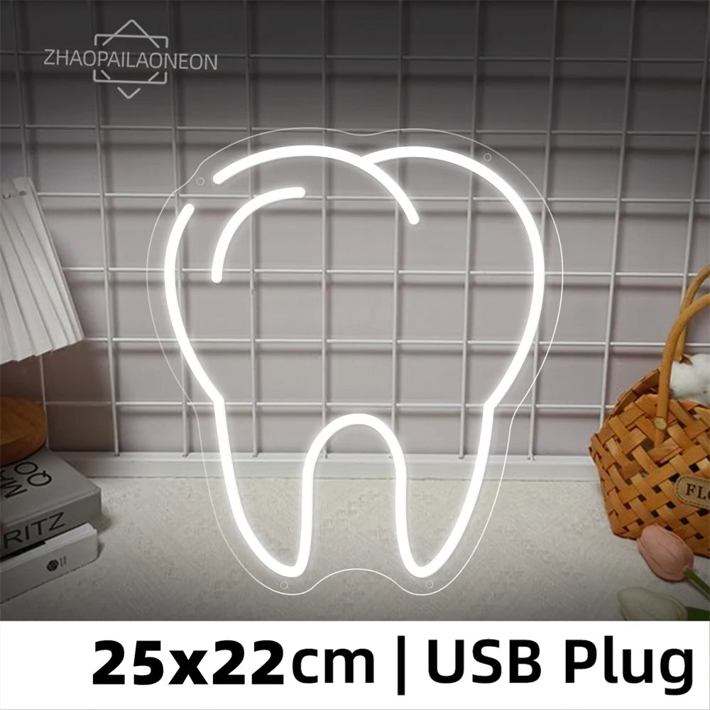 DENTAL CARE LED Neon Tooth USB Powered Neon Signs Teeth Dental Night Light 3D Wall Art & Game Room Bedroom Party Decor Lamp Sign