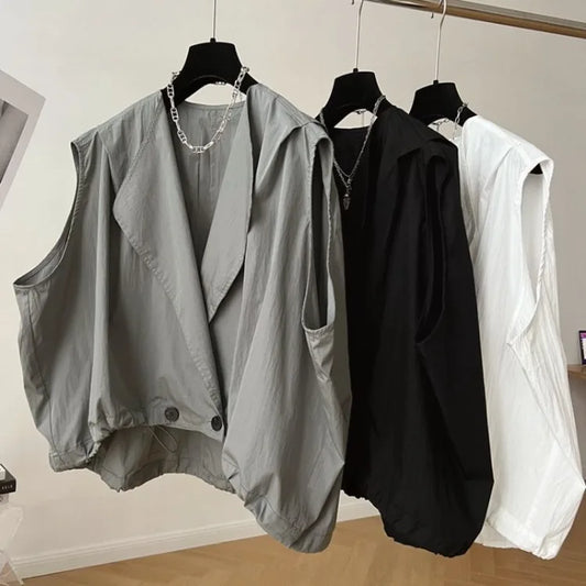 Oversize Casual All-match Vest Coat Women 2025 Summer New Sleeveless Tops Mujer Y2k Lapel Neck Loose Cardigan Jackets