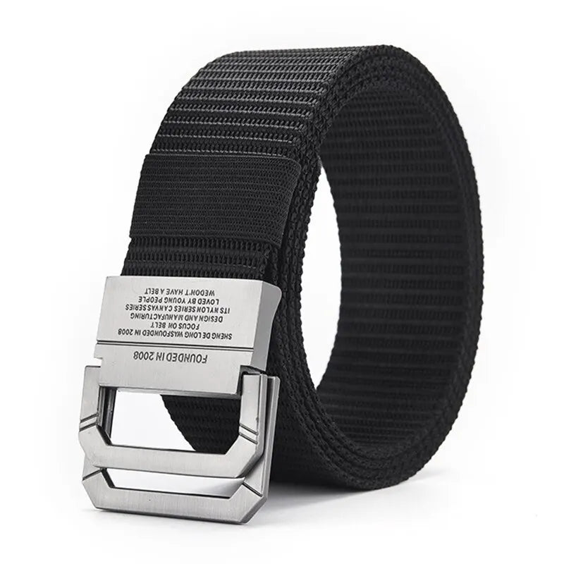 Men's Belt Trend Double Loop Buckle Canvas Belt Women's Belt with Cargo Pants Jeans Belt Outdoor Sports Belt No Perforated Belt