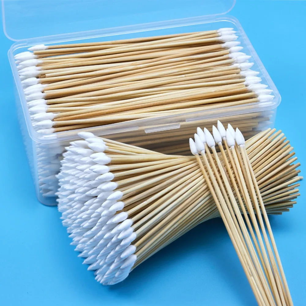 100/300PCS 6 Inch Precision Tips Cotton Swabs - Long Wooden Stick Cotton Buds Pointed Cotton Swabs With Case - Cotton
