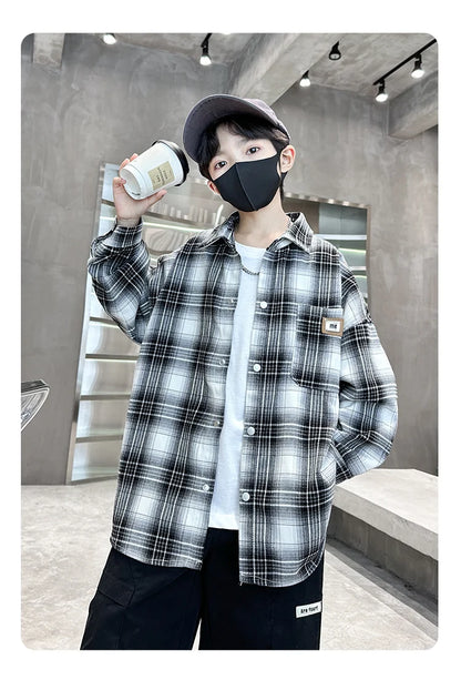 Baby Boys Shirts Fashion Classical Black White Color Plaid Blouse Gentlemen's Long Sleeve Shirt Teen Kids Tops Boys Clothes 5-14