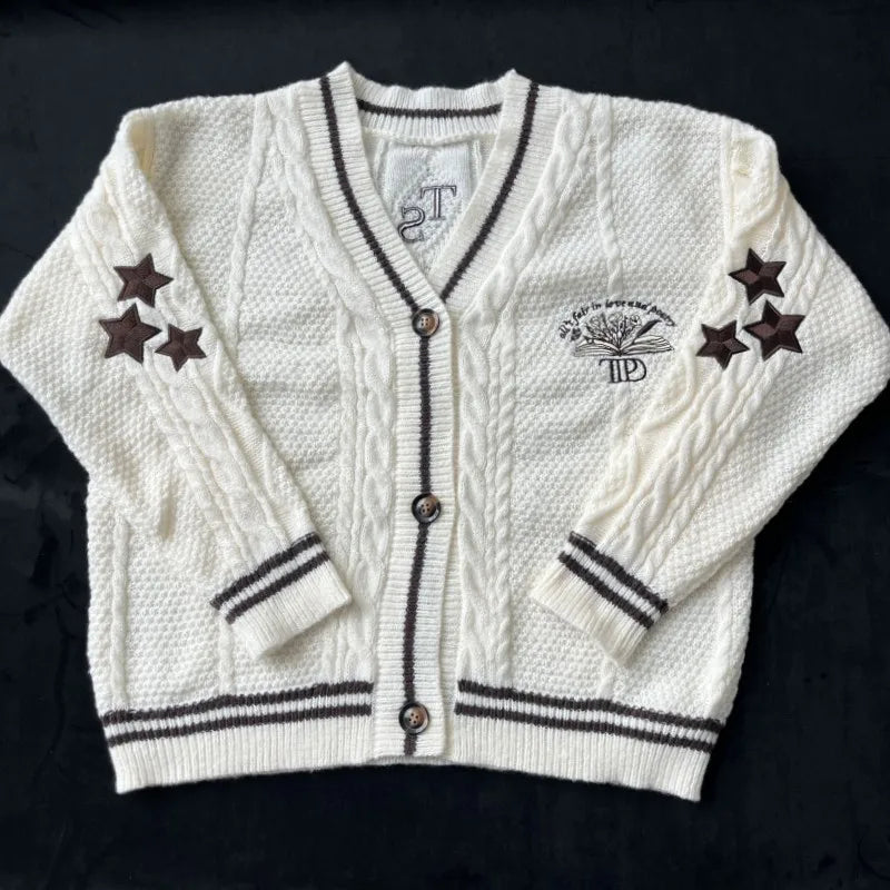 Butterfly Knitted Cardigan Women Dark Green Cardigans with Embroidery Winter Letter Patch Oversized Sweaters Tops Folklore Girl