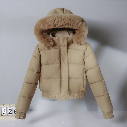 2024 Quilted Hooded Down Jacket Women's Winter Thick Cotton Coat Warm Bakery Coats Big Fur Collar Loose Cotton Coat