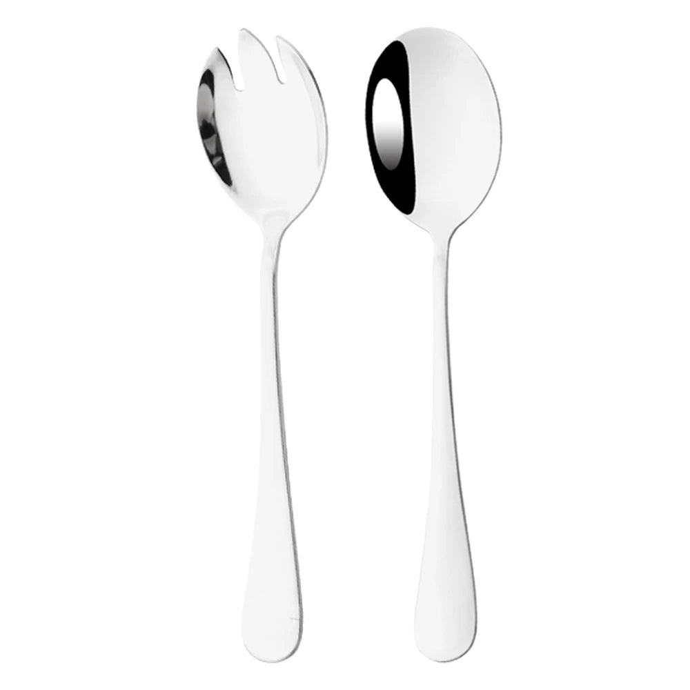 2Pcs Silver Stainless Steel Salad Spoon Fork Salad Server European Style Salad Dinnerware Cutlery Set Kitchen Tool Accessories