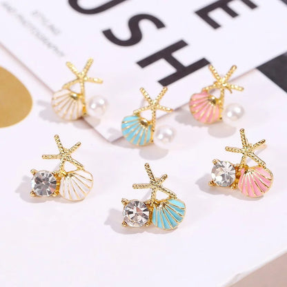 Fashion Asymmetric Ocean Style Earrings Stud  For Women Starfish Shell Earring Ear Ring Imitation Pearl Zircon Jewelry Gift
