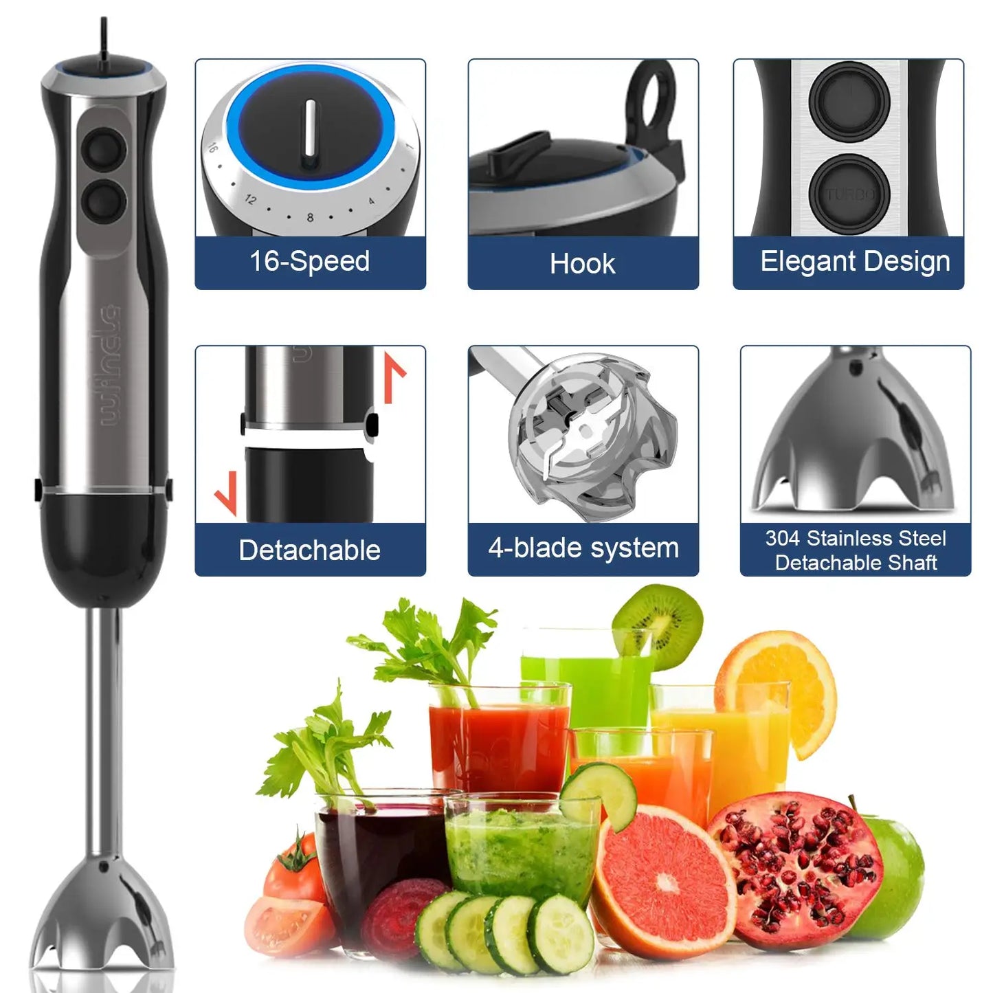 Wancle 1000W Immersion Hand Blender 4 in 1 Powerful Stick Blender Mixer 16 Speeds Adjustable for Protein Shakes Whipped Cream