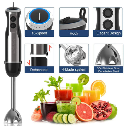 Wancle 1000W Immersion Hand Blender 4 in 1 Powerful Stick Blender Mixer 16 Speeds Adjustable for Protein Shakes Whipped Cream