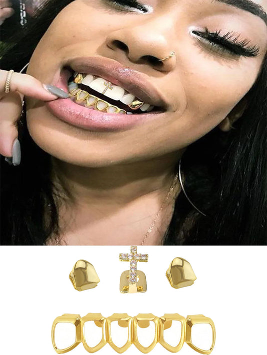 A Group Fashionable Teeth Decoration: Double Smooth Single Teeth With Zircon Crosses And Six Perforated Lower Teeth Made Of
