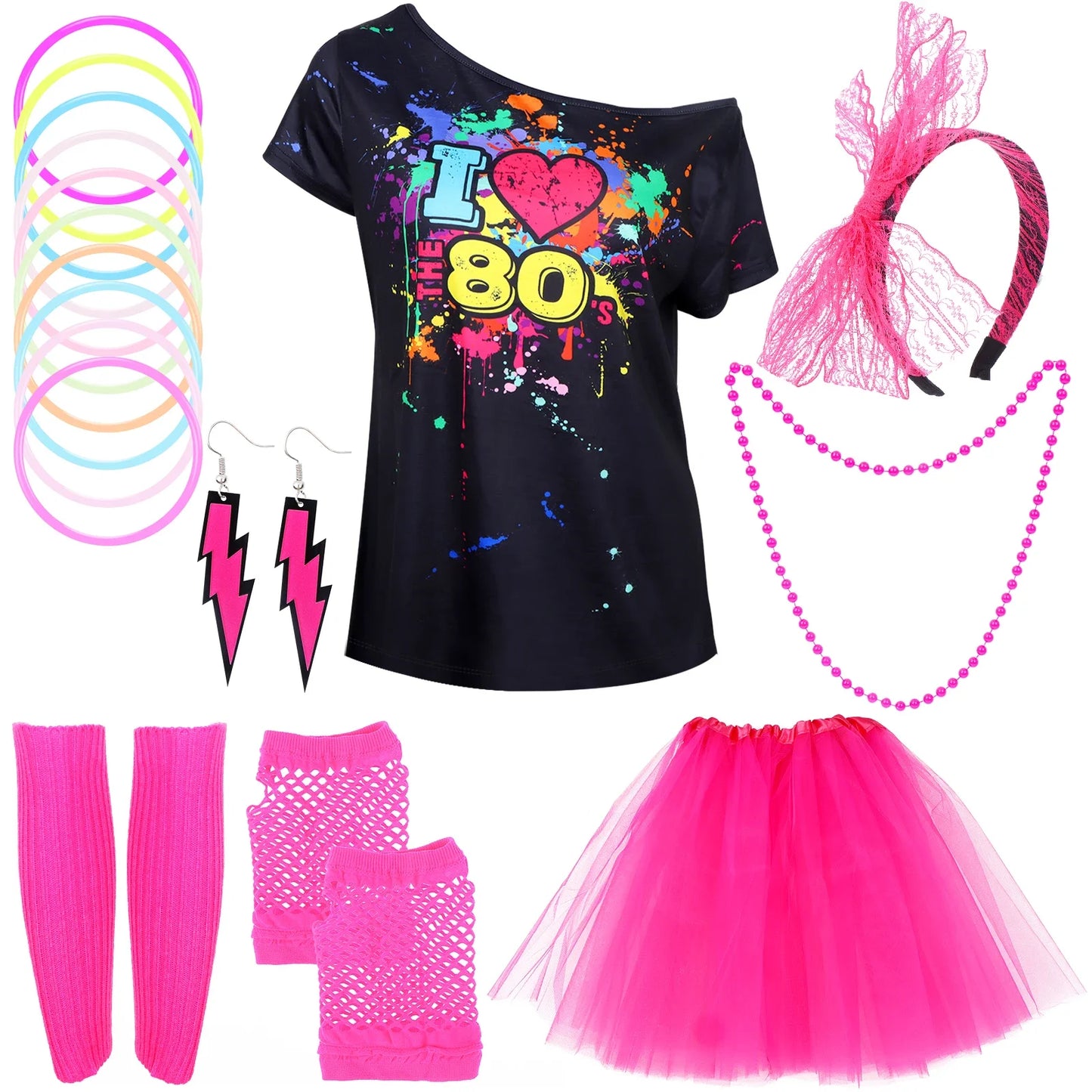 80s Fancy Dress Accessories Women Party Costume Set Adult Tutu Skirt Neon Fishnet Gloves Beaded Necklace Bracelet Earrings