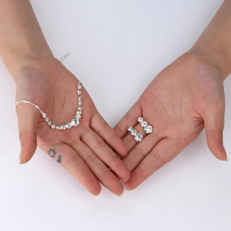 Silver Jewelry Set for Women Rhinestone Crystal Necklace Drop Earrings Link Bangle Bracelet for Bridal Wedding Bridemaid Prom