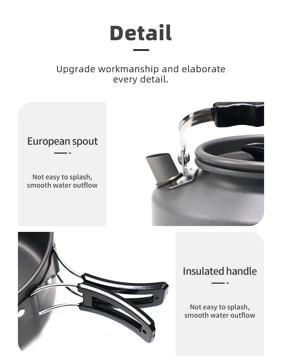 PACOONE Camping Cookware Set Portable Cookware Kit Outdoor Pot Cooking Water Kettle Pan Set Tableware Hiking Picnic Equipment