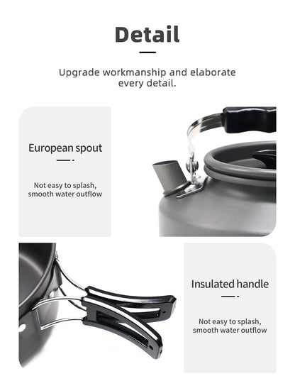 PACOONE Camping Cookware Set Portable Cookware Kit Outdoor Pot Cooking Water Kettle Pan Set Tableware Hiking Picnic Equipment