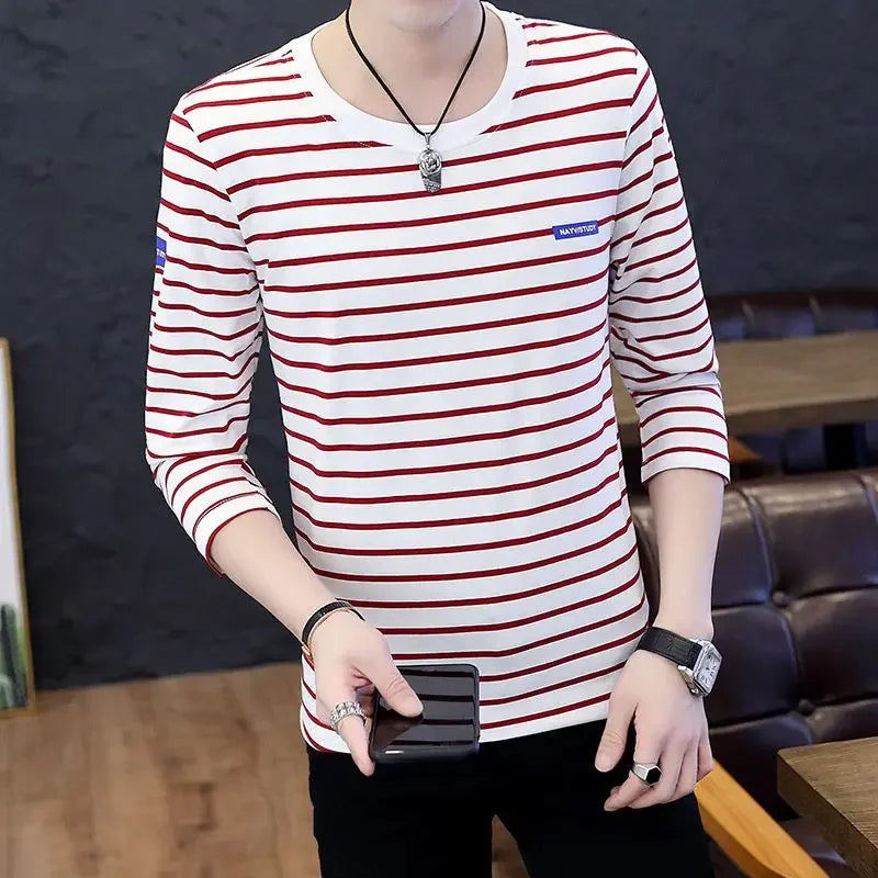 T Shirts for Men Stripe Tops Red Cotton Male Clothes Round Neck Harajuku Fashion Sale High Brand Regular Fit It Full Sleeve Tee