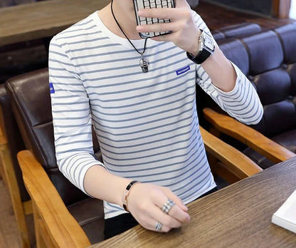 T Shirts for Men Stripe Tops Red Cotton Male Clothes Round Neck Harajuku Fashion Sale High Brand Regular Fit It Full Sleeve Tee