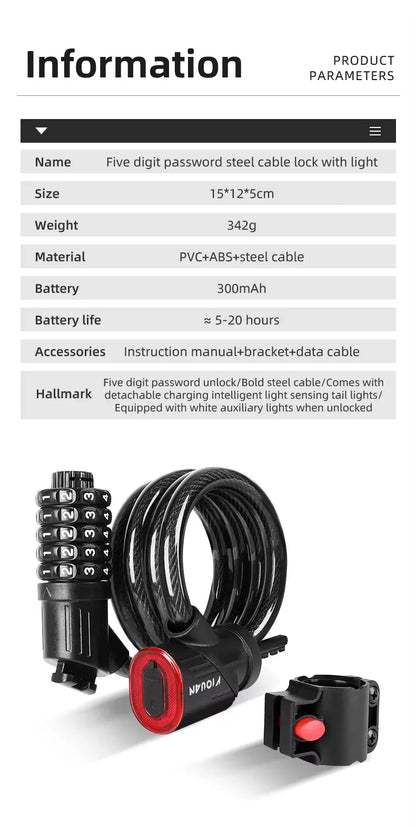 Bicycle Lock Comes With Intelligent Light Sensing Charging Tail Lights Mountain Bikes Road Bikes Password Locks Anti-theft Locks