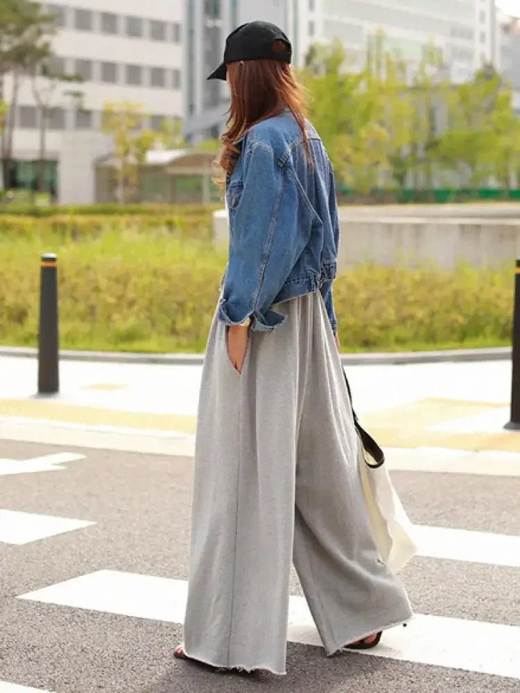 UOOZEE 2025 New Women Palazzo Pants Black Grey Color Spring Summer Fashion Casual High Waisted Wide Leg Trousers Bottoms