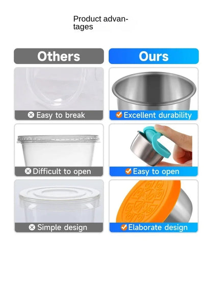 6 Pcs Set Leakproof Stainless Steel Dipping Sauce Cups Food Containers Reusable Salad Dressing Container Silicone Stretch Lids