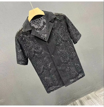 Vintage Ice Silk Lace Shirts For Men Sexy Lace Breathable Hollow Out Tops Summer Fashion Cuban Collar Short Sleeved Shirt Male