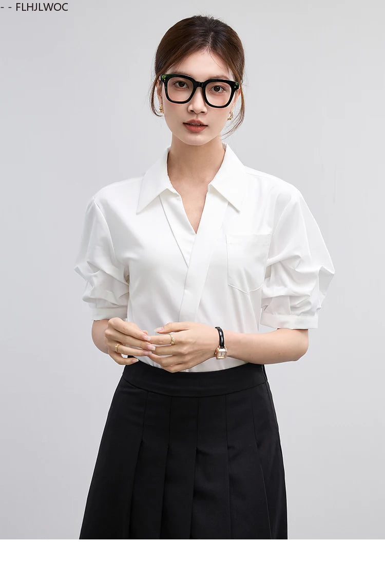 Office Lady Basics Fashion White Shirts New Women Summer Work Solid V Neck Tops Blouses French Design Interview Shirt Cotton