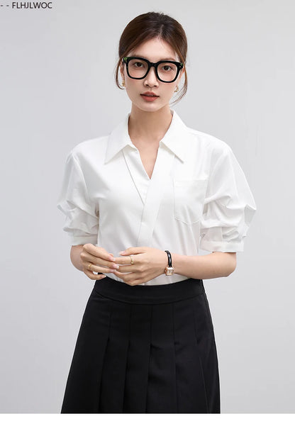 Office Lady Basics Fashion White Shirts New Women Summer Work Solid V Neck Tops Blouses French Design Interview Shirt Cotton
