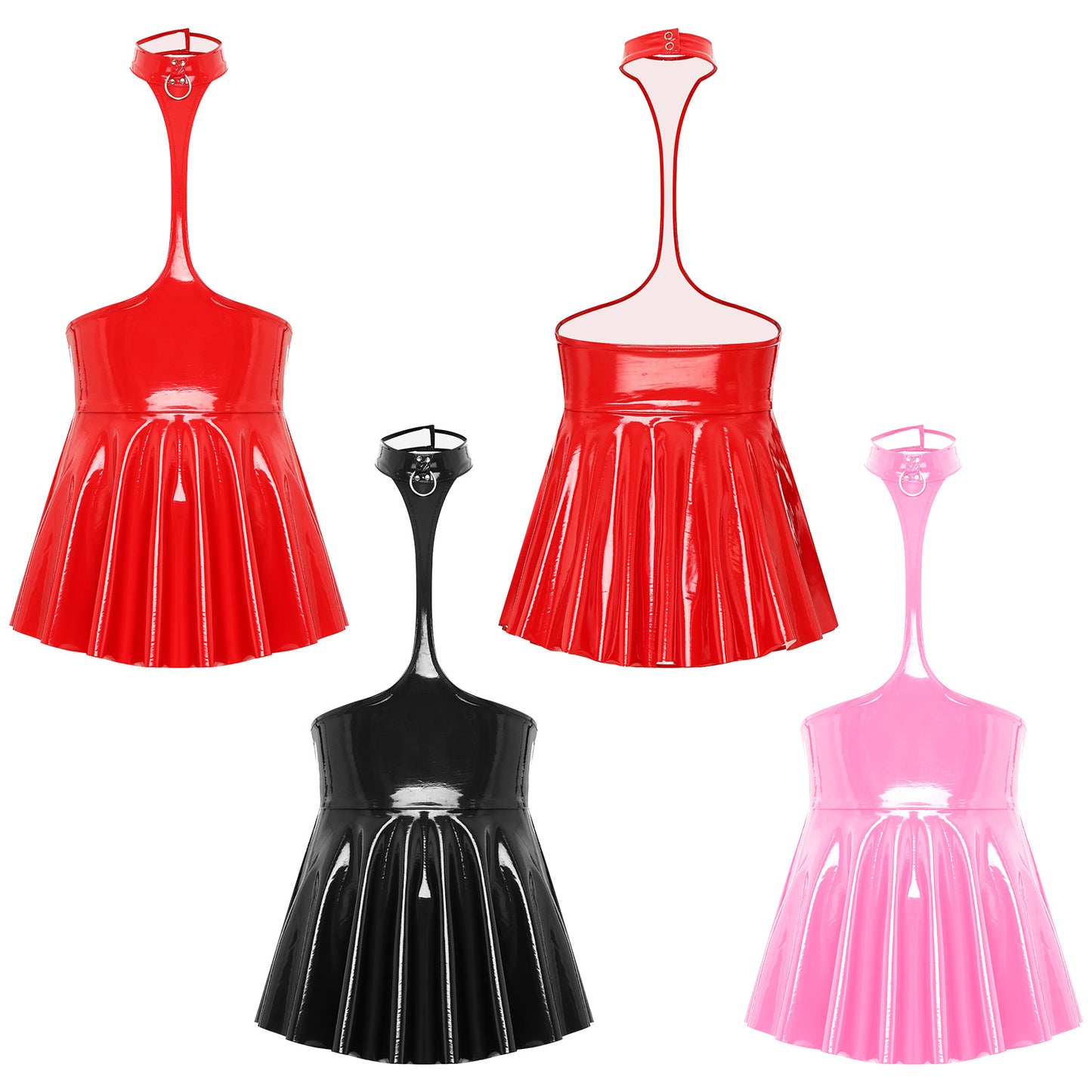 Womens Patent Leather Halter Latex Dress Wet Look Bare Breast Exposing Patent Leather Open Chest Halter Ruffled Latex Dresses