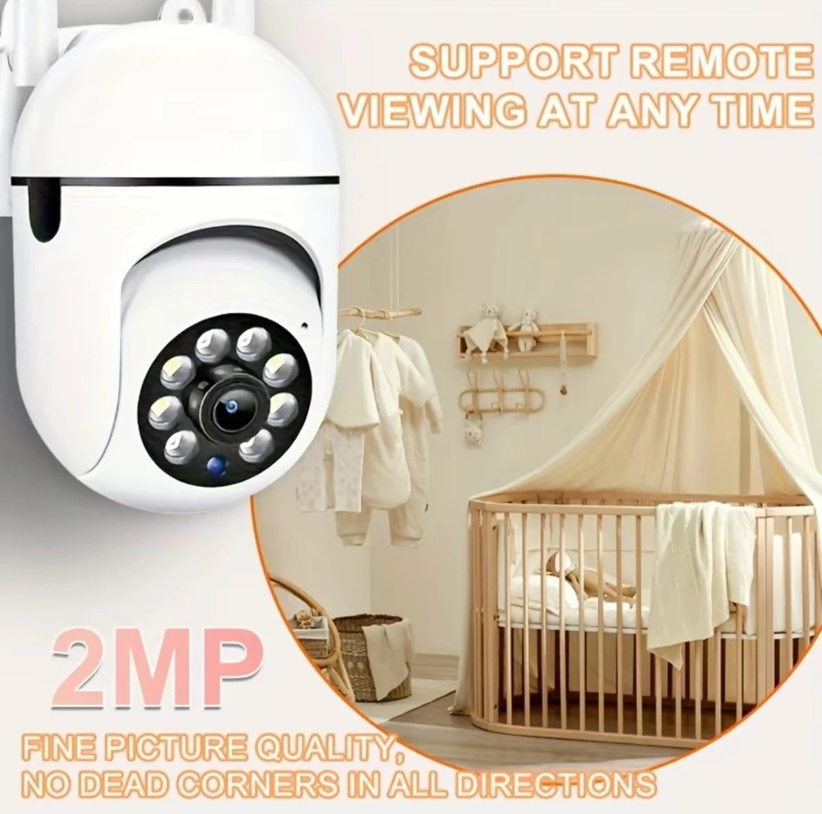 Home security camera, featuring night vision function, two-way audio, horizontal/vertical/zoom functions, used for motion tracki