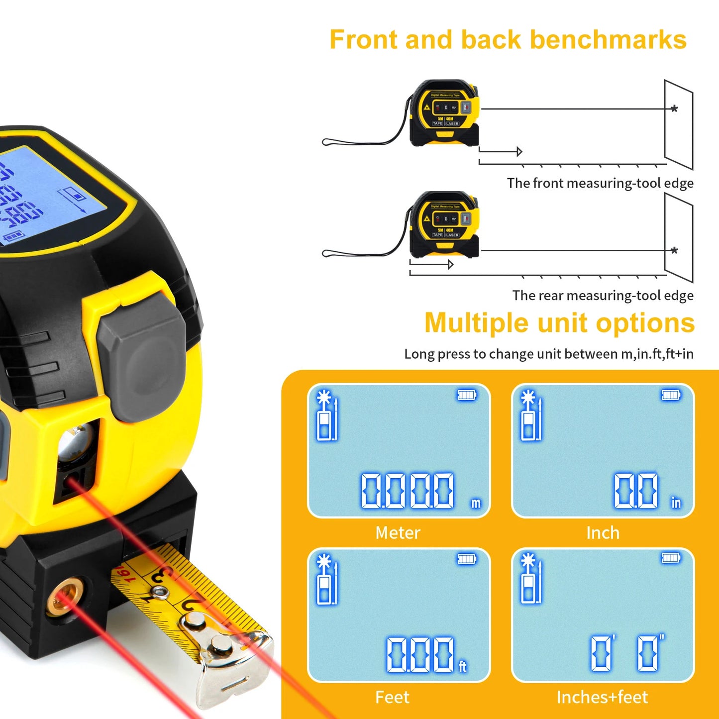 3 in1laser distance meter measuring laser tape measure with digital display 40m/60m, 5m precision measuring ruler,distance meter