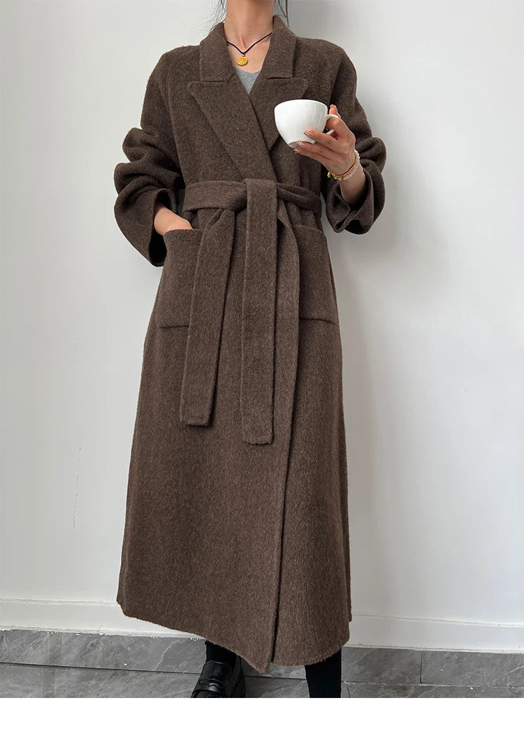 Office Lady Woolen Jackets 2024 Autumn And Winter Bathrobe Style Pocket Double-Sided Loose Lace -Up Tie Women's Long Wool Coats