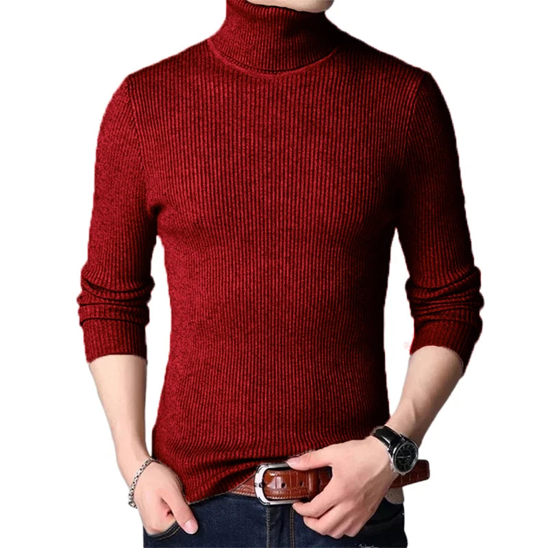 Streetwear Autumn Men's Long Sleeved Turtleneck Sweater Stripes Knitted Oversized Sweaters Homme Solid Color Basic Sweater Men
