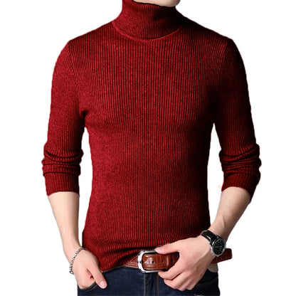 Streetwear Autumn Men's Long Sleeved Turtleneck Sweater Stripes Knitted Oversized Sweaters Homme Solid Color Basic Sweater Men