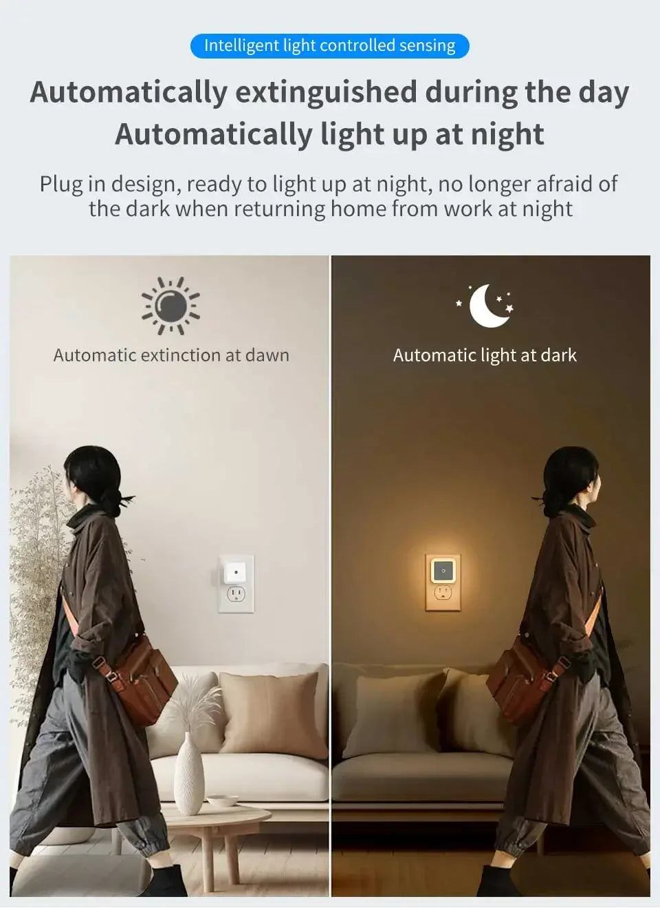 LED Night Light Smart Light Sensor Wall Lamp US EU Plug in Auto-On/Off Night Lamp for Bedroom Kitchen Hallway Stairs Nightlight