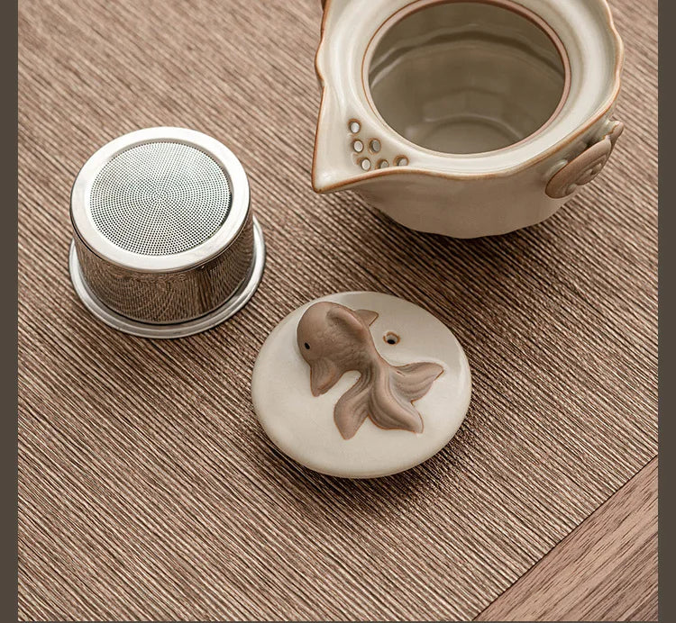 Beige Ru Ware Travel Tea Set Portable Outdoor One Pot Two Cups Porcelain Brewing Equipment Suit