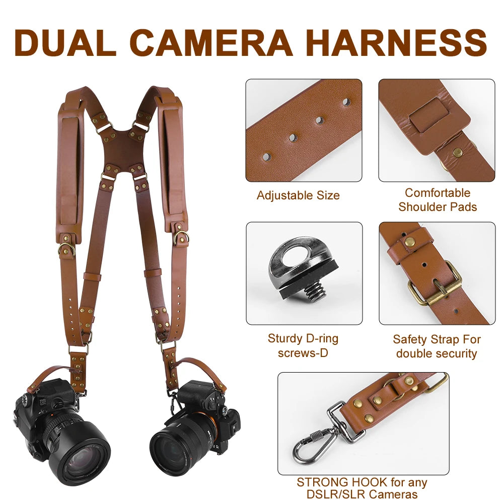 Dual Camera Strap Double Camera Harness Adjustable Leather Camera Straps Universal Camera Shoulder Strap for DSLR/SLR Cameras